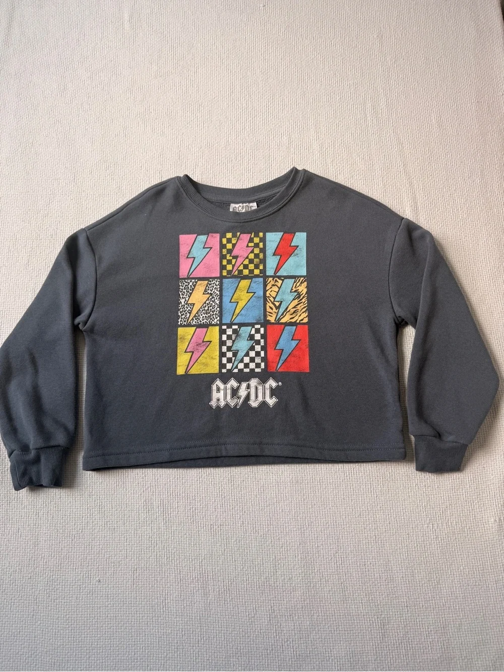 AC/DC Kids Dark Gray Cropped Sweatshirt with Multicolor Lightning Grid